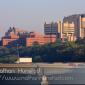Moos Tower, Fairview University Medical Center, and the Masonic Cancer Research Center early in the morning, behind the Dartmouth I-94 bridge.