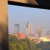 A bridge pier for the Dartmouth Bridge frames downtown Minneapolis.