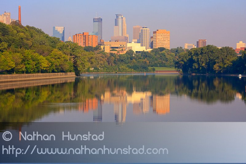 Downtown Minneapolis reflected in the Mississippi River.
